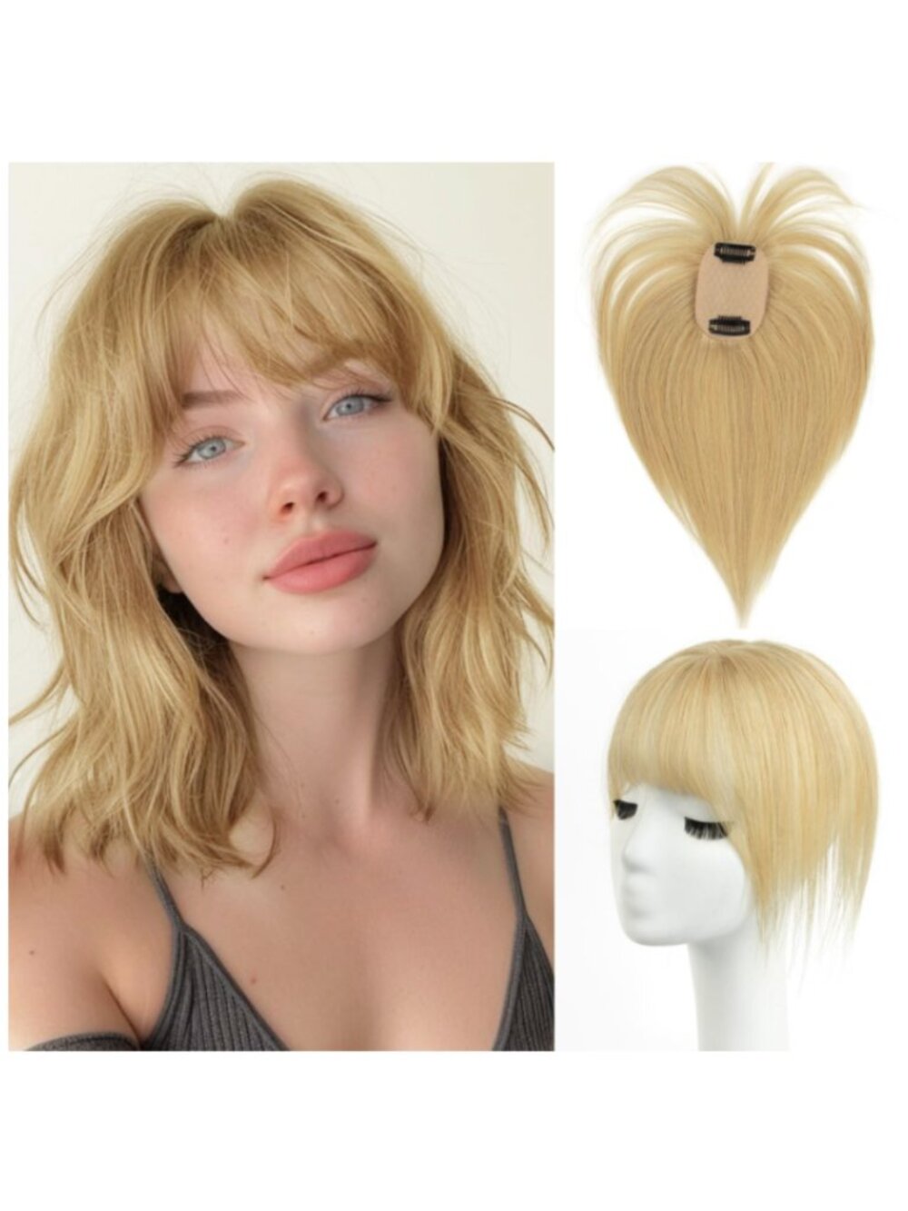 Dark Blonde Human Hair Topper with Bangs & Silk Base, Lace Clip-In - 12" Natural
